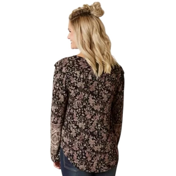 Lucky Brand Floral Boho Raw Edge Ruffle Tunic. Black Tan Multi. Size S #1302 - Picture 3 of 7